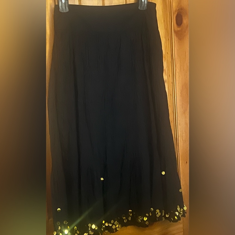 Soho Black Cotton Midi Skirt Gold Sequin Hem Wide Waistband NWT Medium